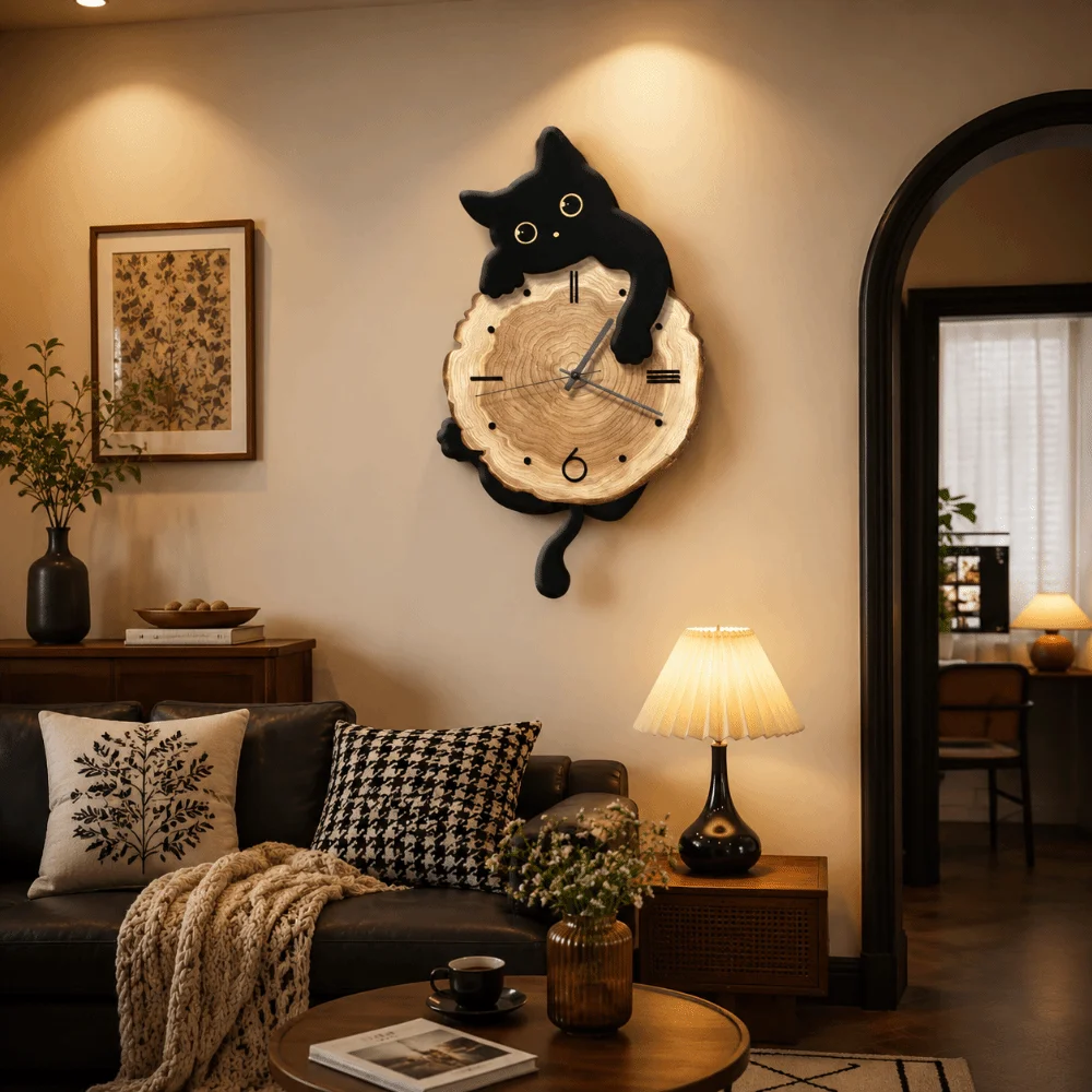 No Battery Cute Cat Wall Clock Silent Feature Home Decoration Wall Mounted Clock Tail Swing Cat Hanging Clock Office