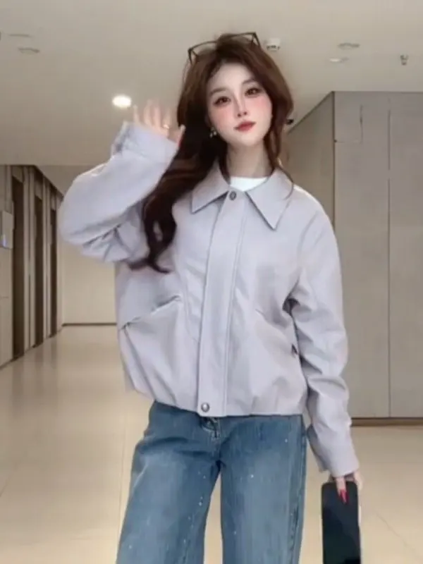 

Fashionable High-End Women's Leather Jacket Motorcycle Style PU Coat Spring 2026 Korean System Short Outerwear Long Sleeve