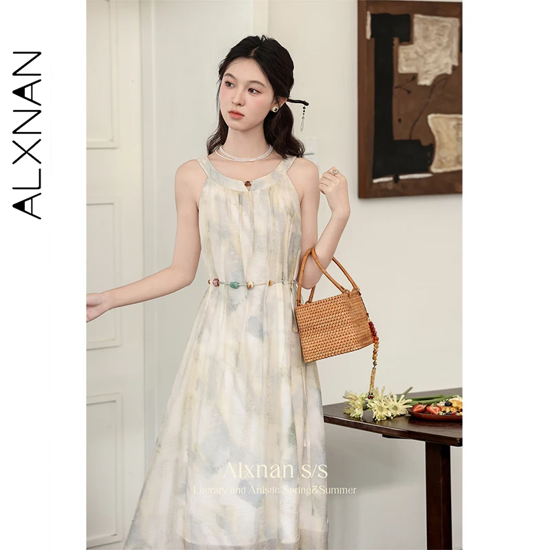 Alxnan vestido feminino sem mangas longo verde mancha frisado cintoshe vestido 2025 verão férias praia elegante roupas femininas l38701