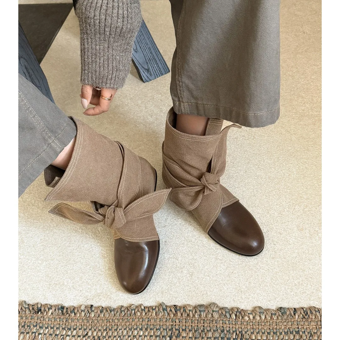 Women Bow Knot Wrapped Mid Calf Boots Spliced Canvas Leather Flat Ankle Boots Vintage Round Toe Slip‑on Lady Fashion Street Shoe