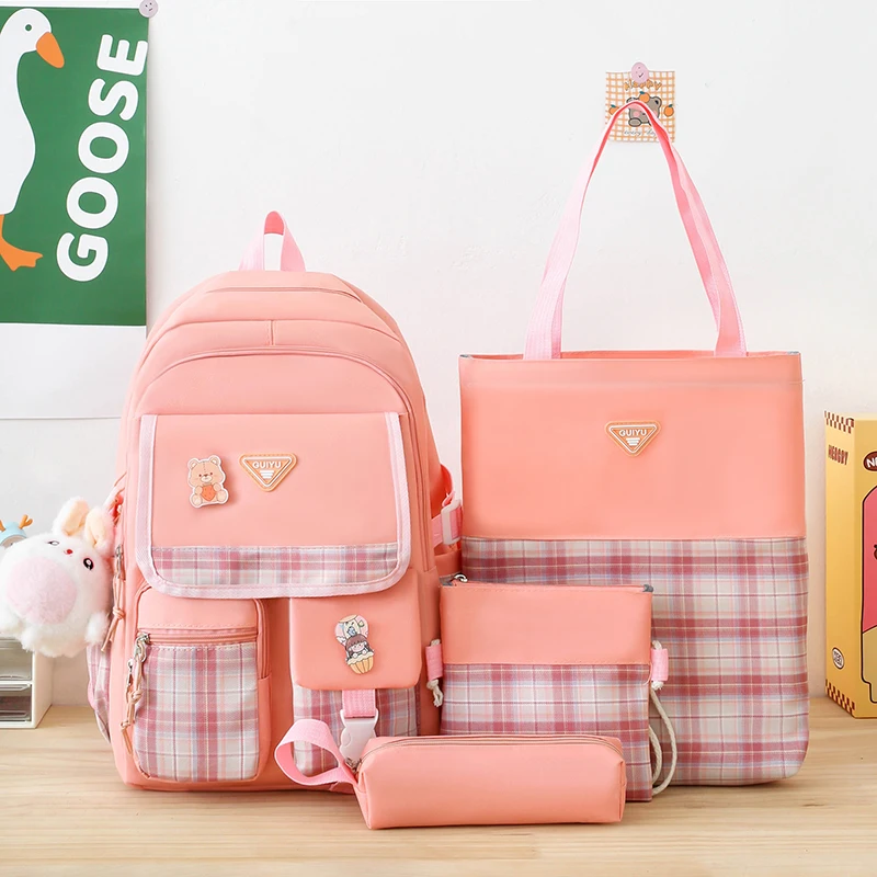 Mochila escolar con diseño de cuadros para niños y niñas, conjunto de 4 piezas, mochilas escolares Kawaii para mujer