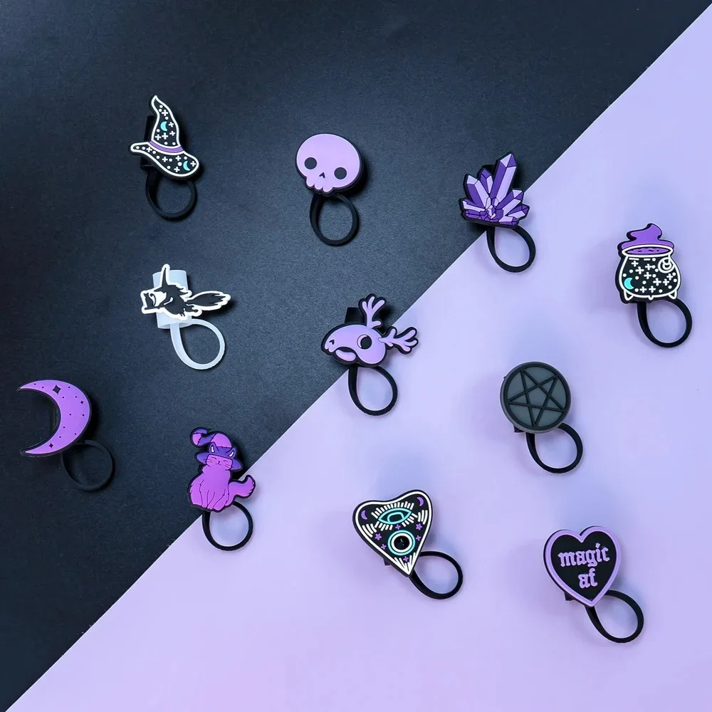 

Silicone Halloween Straw Cover Witches Cat Moon Skull Purple Drinking Straw Covers Funny Reusable Drinking Dust Plugs