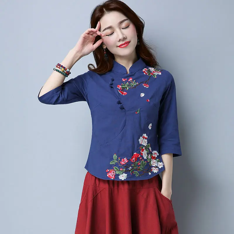 New 2022 chinese qipao tops women camisa flower embroidery pattern cheongsam shirt chinese traditional clothing hanfu blouse