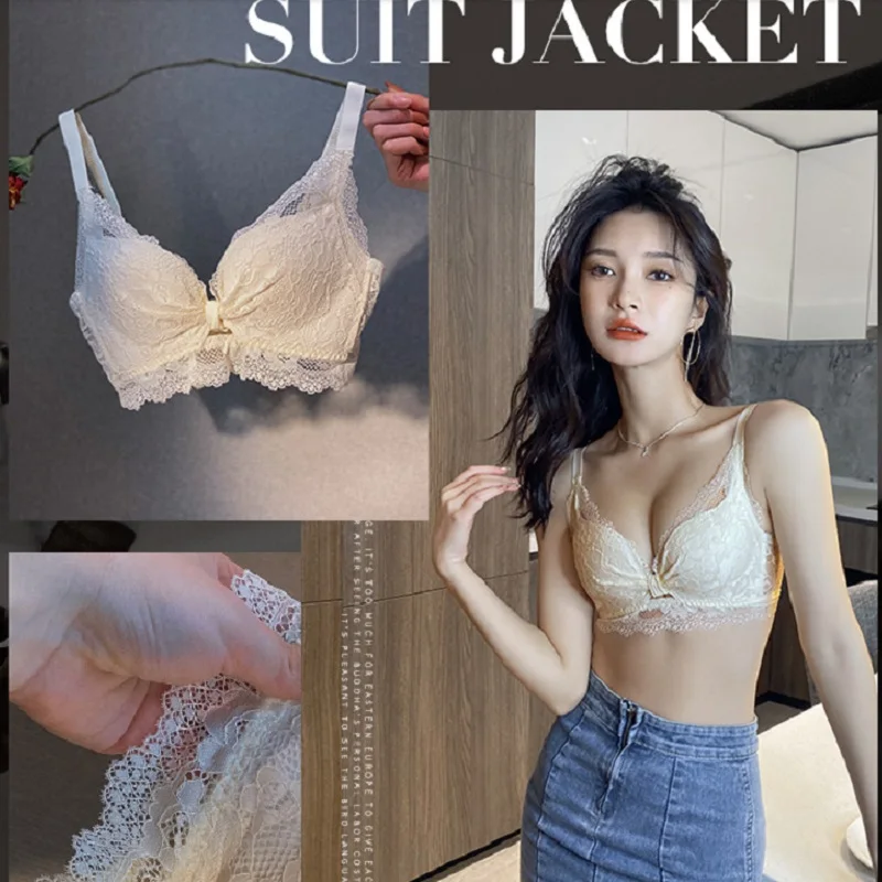 

New lace underwear women's small chest gathered back bra set adjustable top collection auxiliary breast no steel ring bra