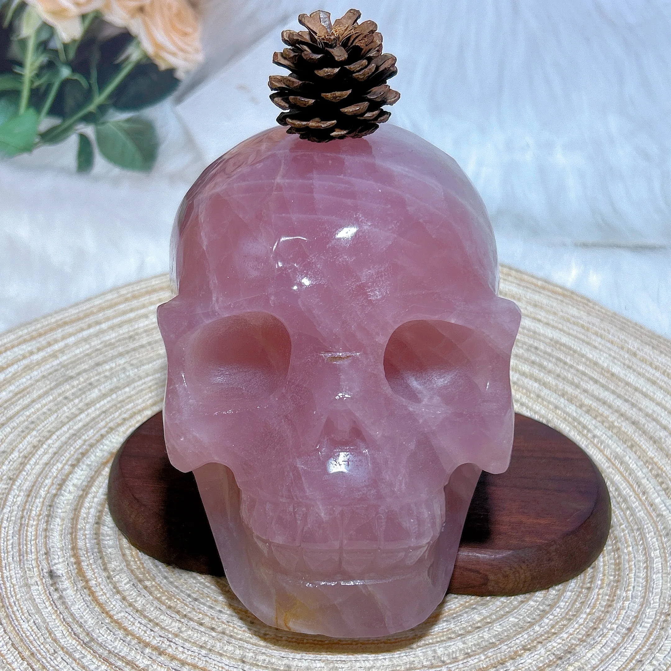 Healing Natural Crystal Rose Quartz Large Skull Hand Carving Energy Reiki Ornament High Quality Home Decoration Room Decor Gift