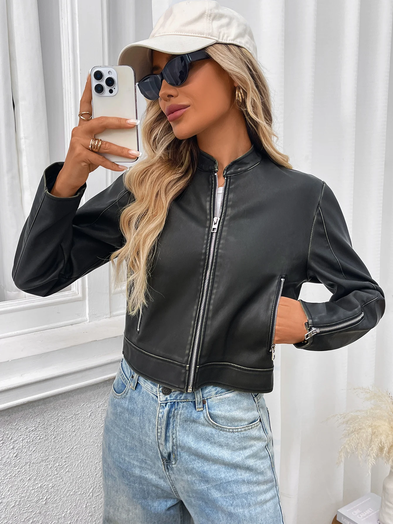 Women's Faux Leather Cropped Jackets Casual Vintage Zip Up Moto Short Coat Outwear