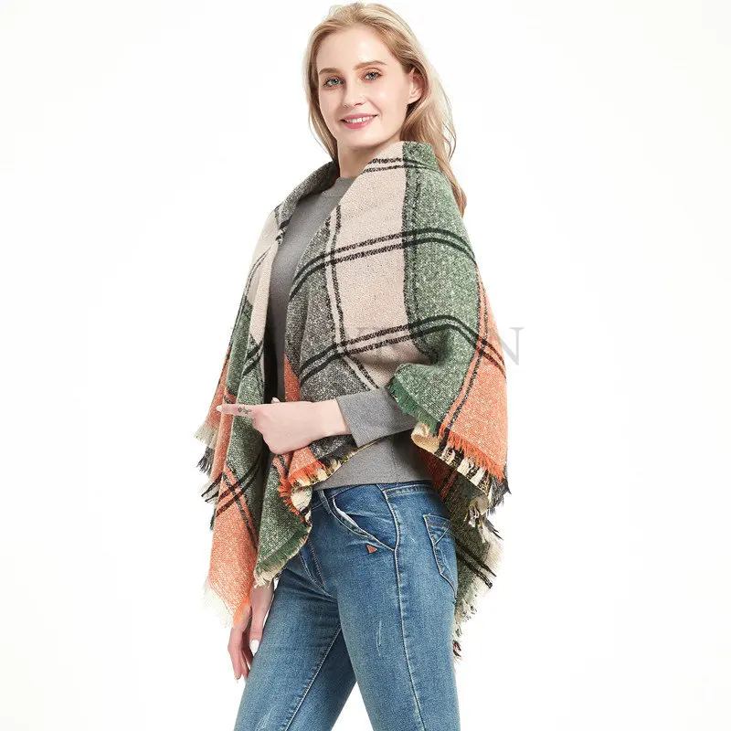 Women Plaid Scarf Lady Shawl Soft Warm Foulard Knitted Cashmere Poncho Blanket Wraps Female Lattice Wool Scarves Luxury Brand