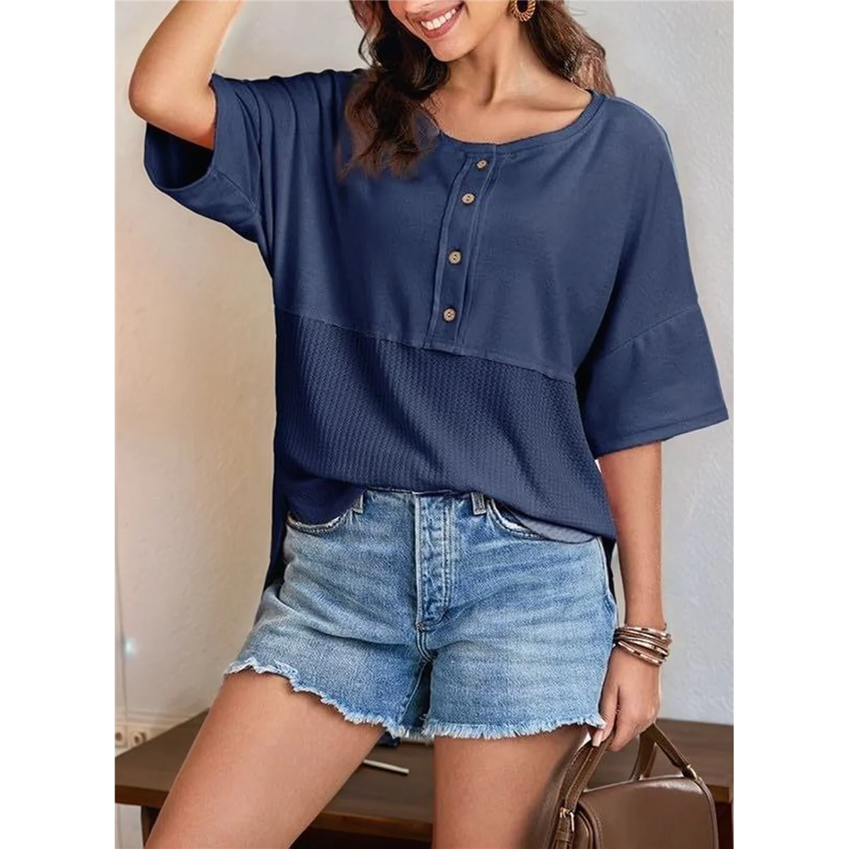 Women Waffle Knit Tops 2025 Fashion 3/4 Sleeve Crew Neck Oversized Patchwork Blouses Blue M