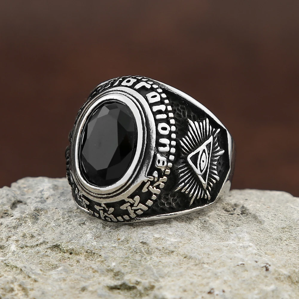 Gothic Vintage Big Black Stone Rings For Men And Women 316L Stainless Steel All Seeing Eyes Ring Baphomet Pagan Jewelry Gifts