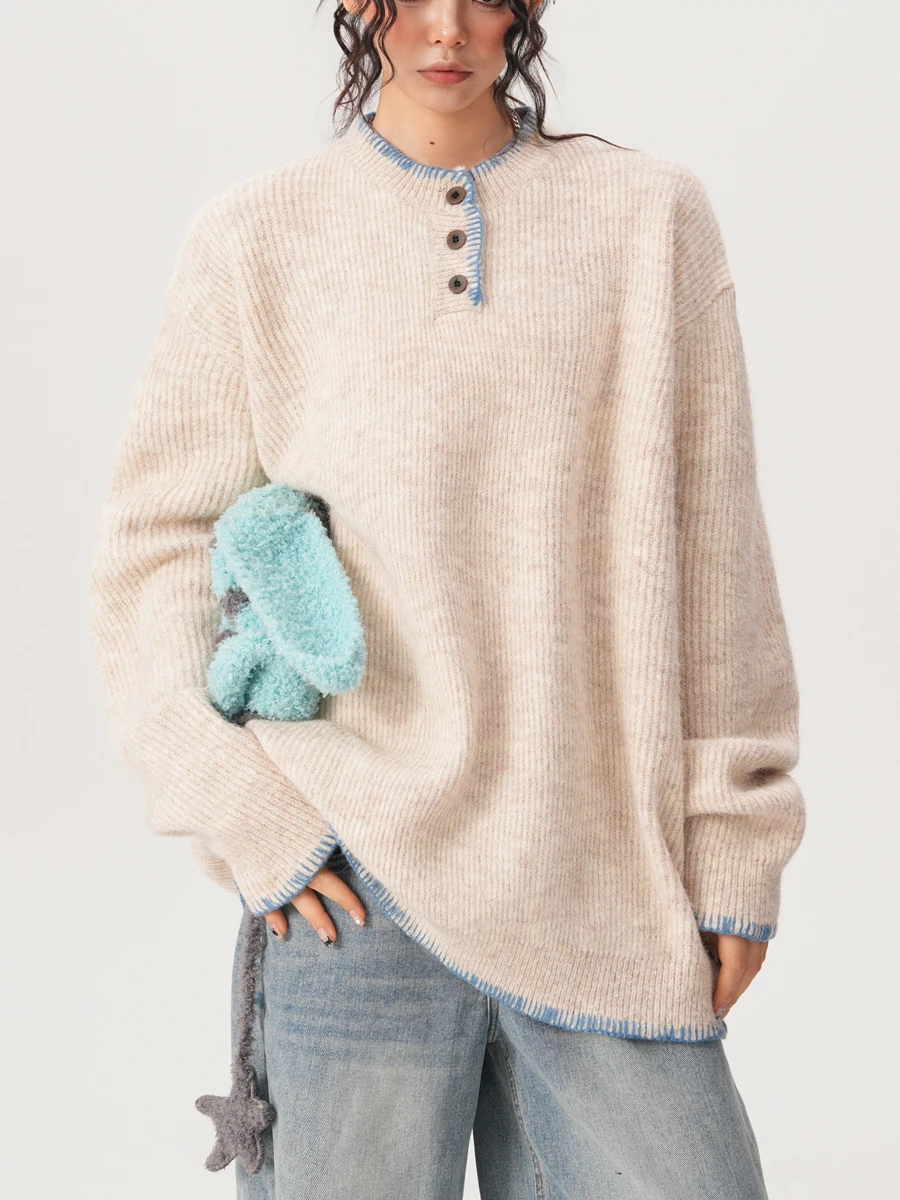 เสื้อสเวตเตอร์ถักสไตล์เรโทร คอเฮนรี่ ทรงหลวม สวมหัว สำหรับคู่รัก ฤดูใบไม้ร่วง ฤดูหนาว อุ่นสบาย ผลิตจากเส้นใยโพลีเอสเตอร์