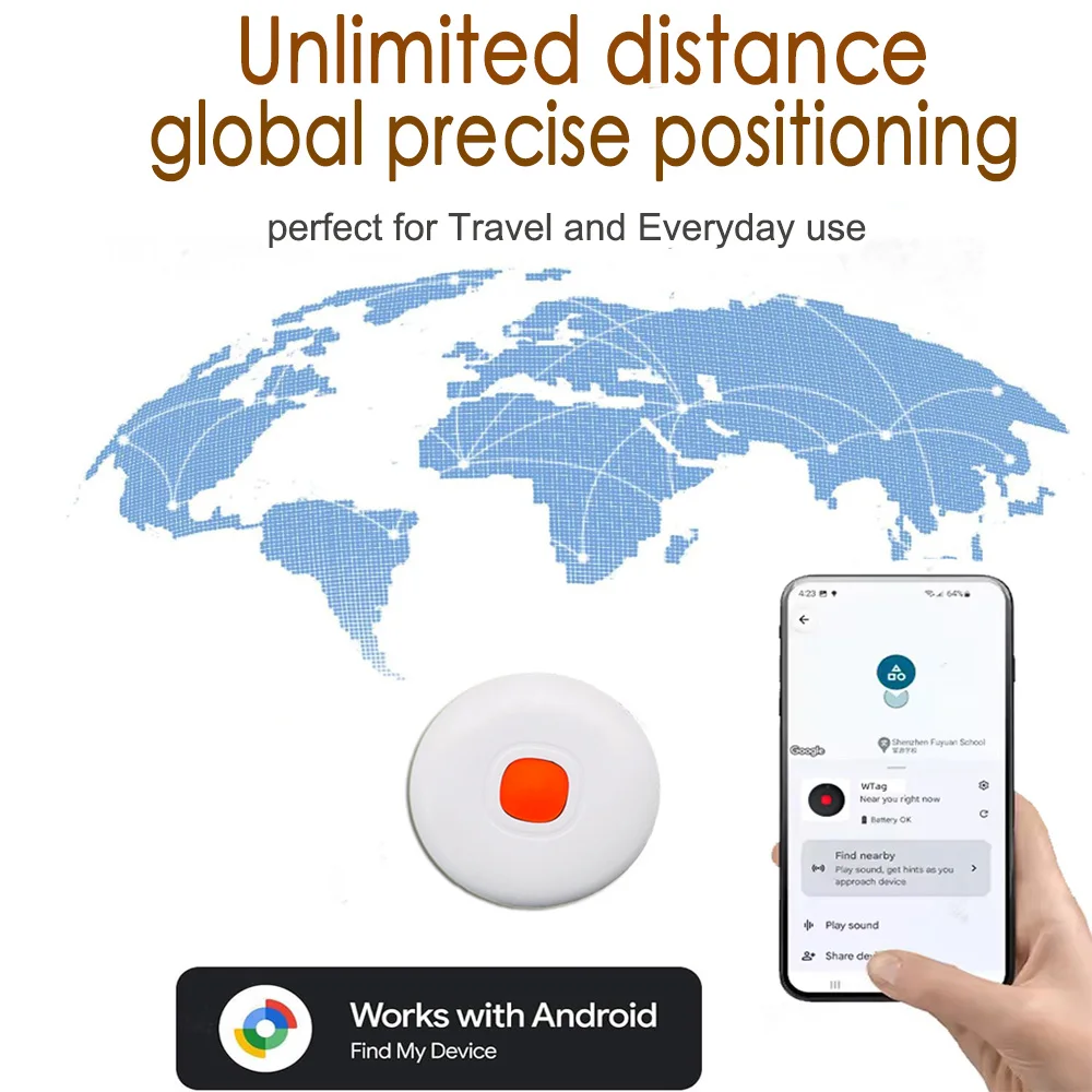 W Tag Bluetooth GPS Tracker for Android IP67 Waterproof Global Real-Time Tracking Anti-Lost Alarm for Keys, Pets, Luggage, Car