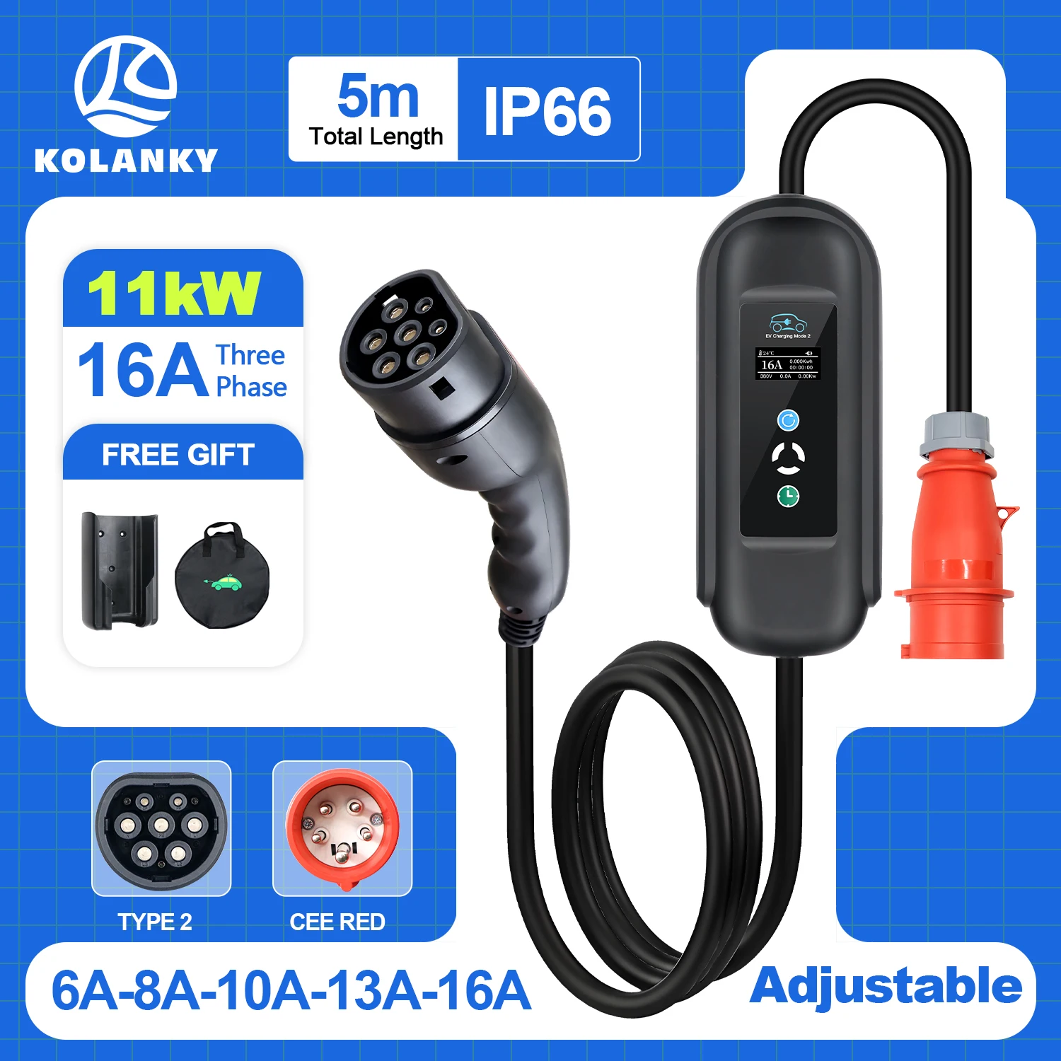 

Kolanky Mobile EV Charger 16A 11KW Type2 IEC 62196-2 EVSE Charging Box Electric Vehicle PHEV Cars Charger CEE Plug Total 5M