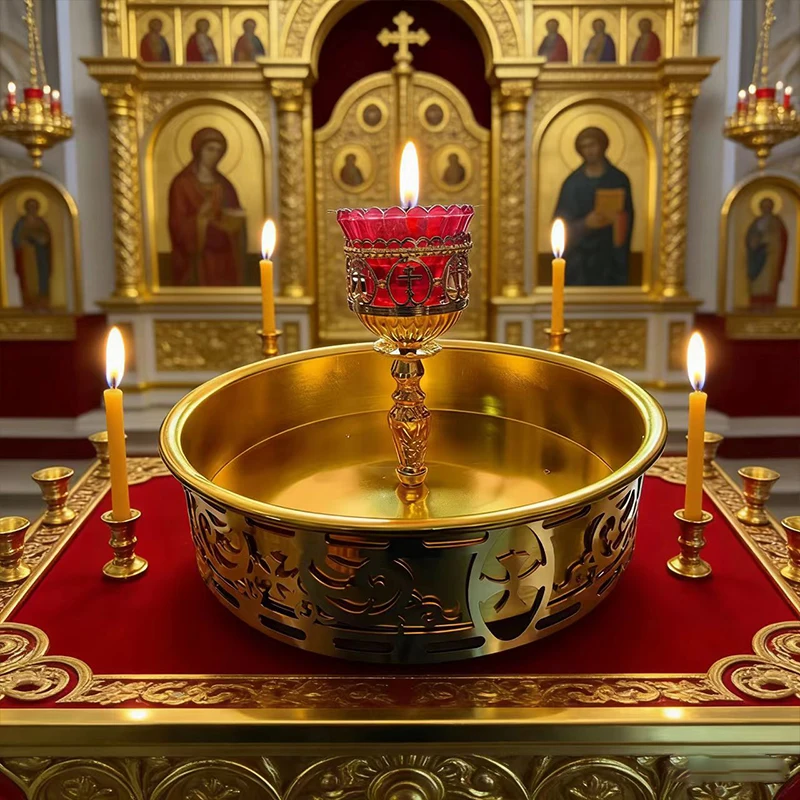 New 2026 Luxury Gold-Plated Orthodox Vigil Lamp Candle Holder with Holy Water Bowl Premium Liturgical Vessel for Devotion Gift