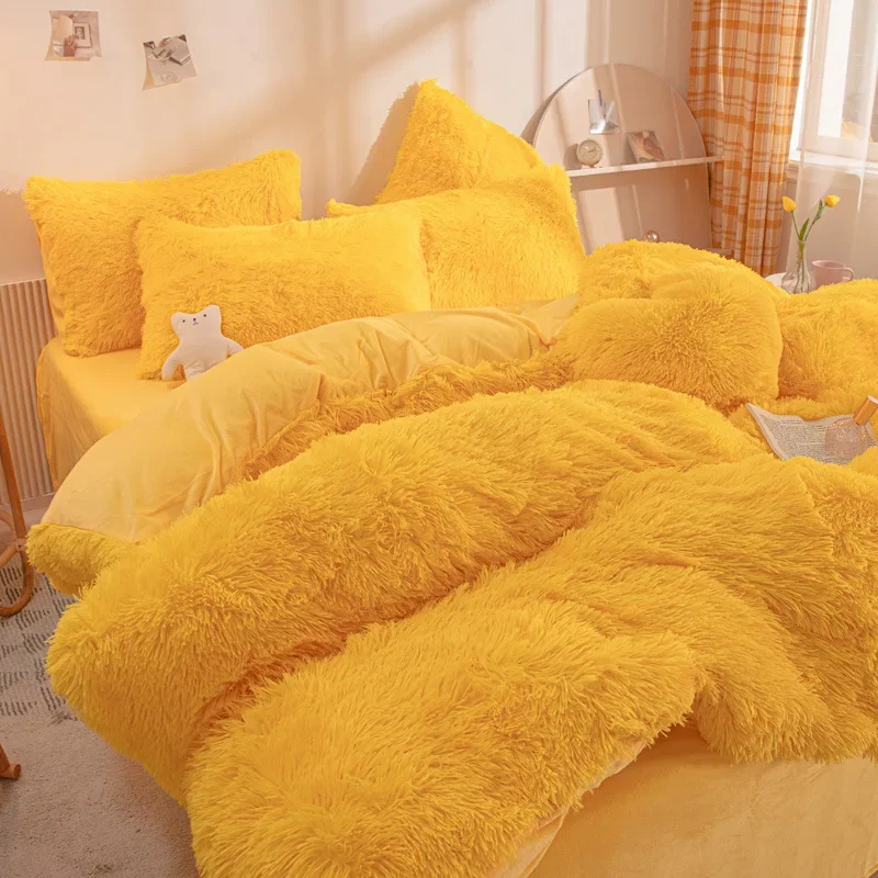 Winter New Thickened Plush Bedding Four Piece Set Solid Color Soft Comfortable Warm Double-sided Velvet Bed Sheet Quilt Cover
