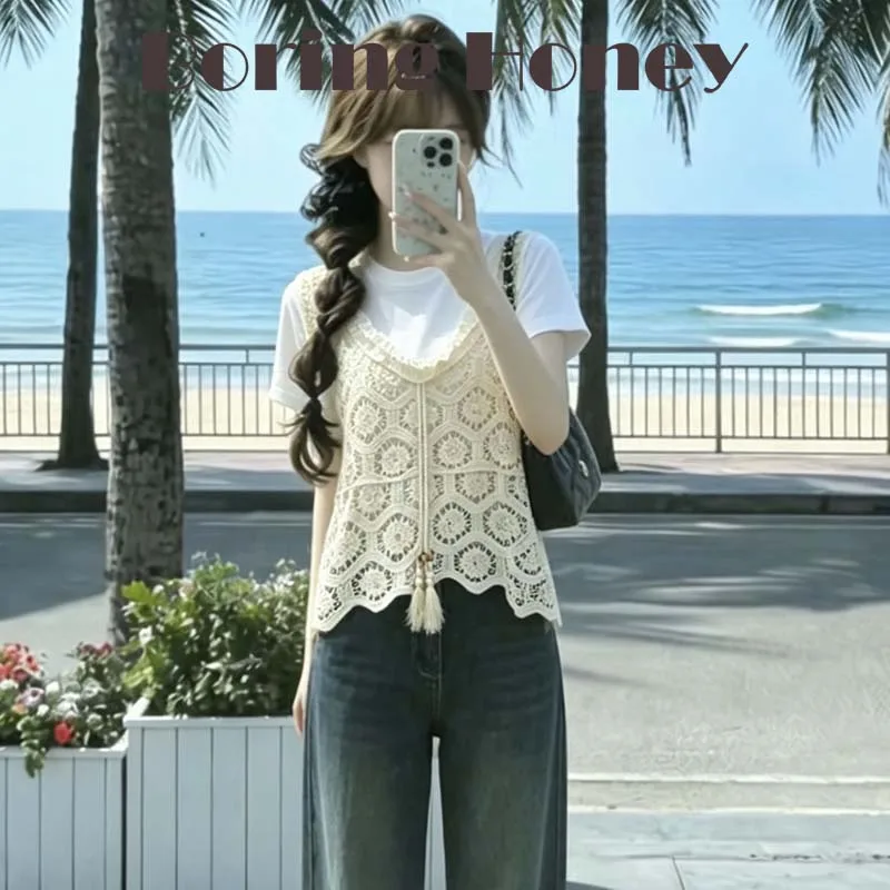 Boring Honey Vintage French Style Lace Knit Vest Women Summer Sleeveless Hollow Out Cardigan Top Female Casual Crochet Tank Tops