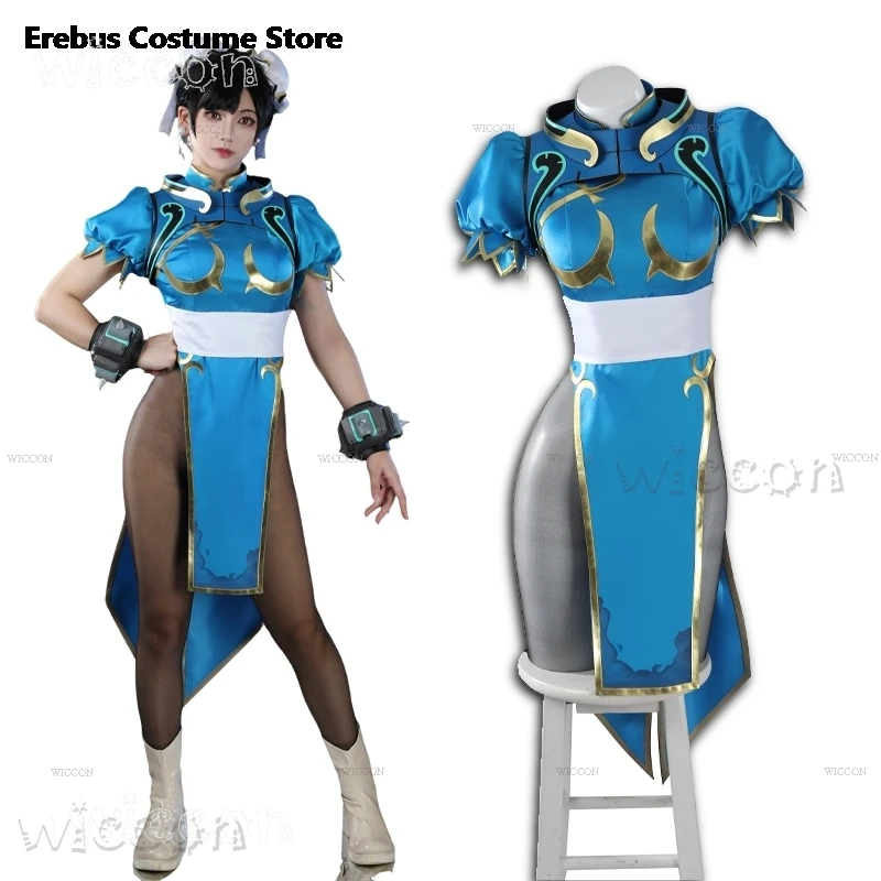 

Halloween Cosplay OWxSF Juno Chun Li Chunli Outfit Cosplay Qipao Dress Wig Costume Role Play Women Anime Clothing