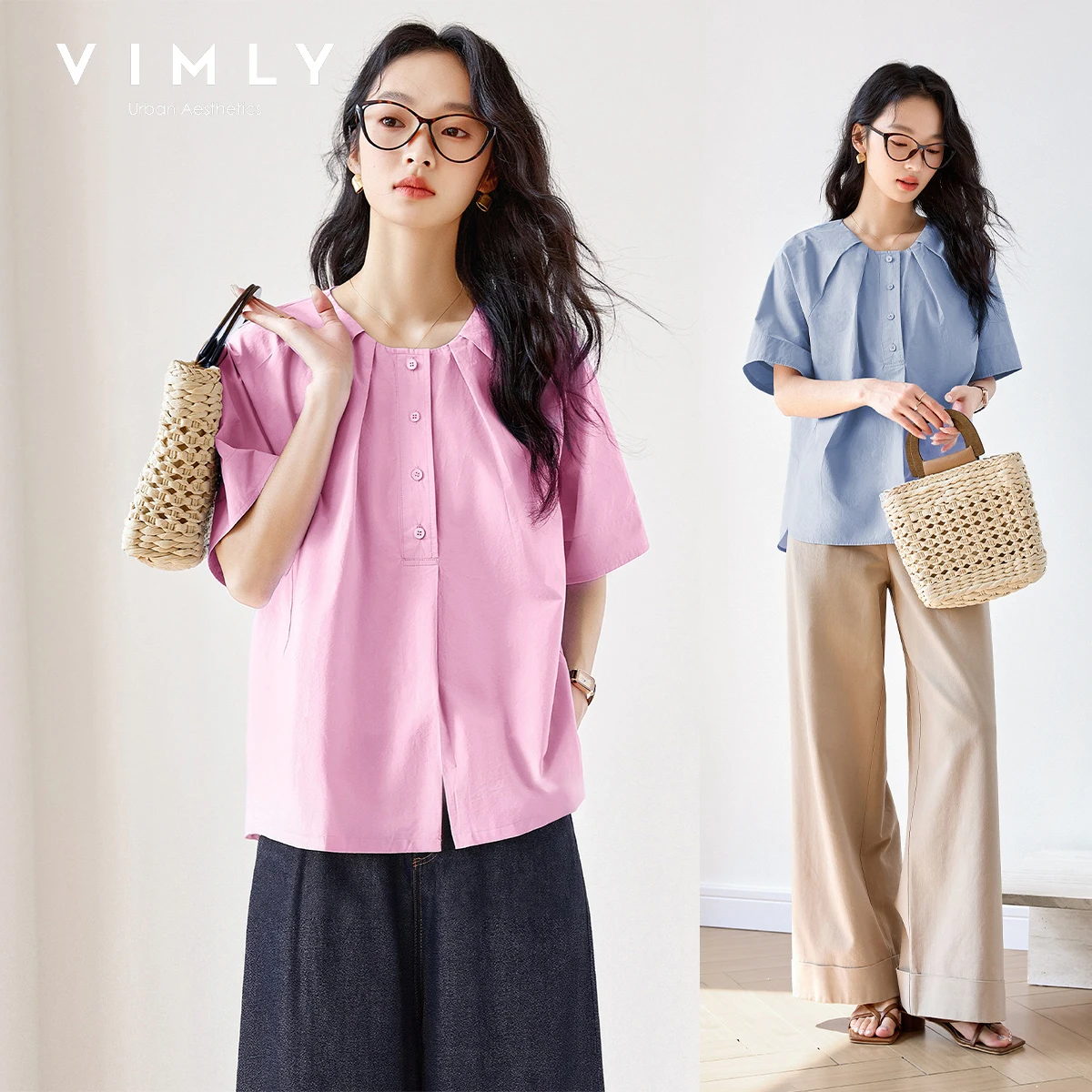 

VIMLY Women's Minimalist Crew Neck Shirt 2026 Summer New 100% Cotton Pleated Neck Loose Short Sleeve Casual Commute Blouse M9609