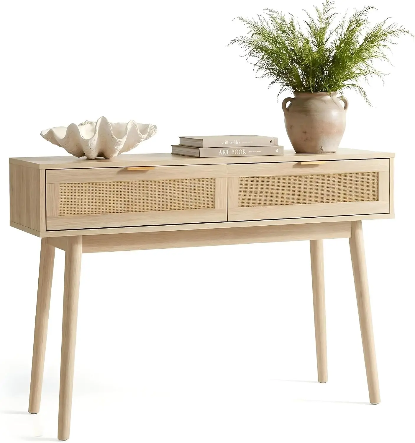 Console Table Rattan Desk With Drawers Narrow Sofa Table Pine Leg Modern Small Entryway Table For Hallway Living Room Rustic Natural