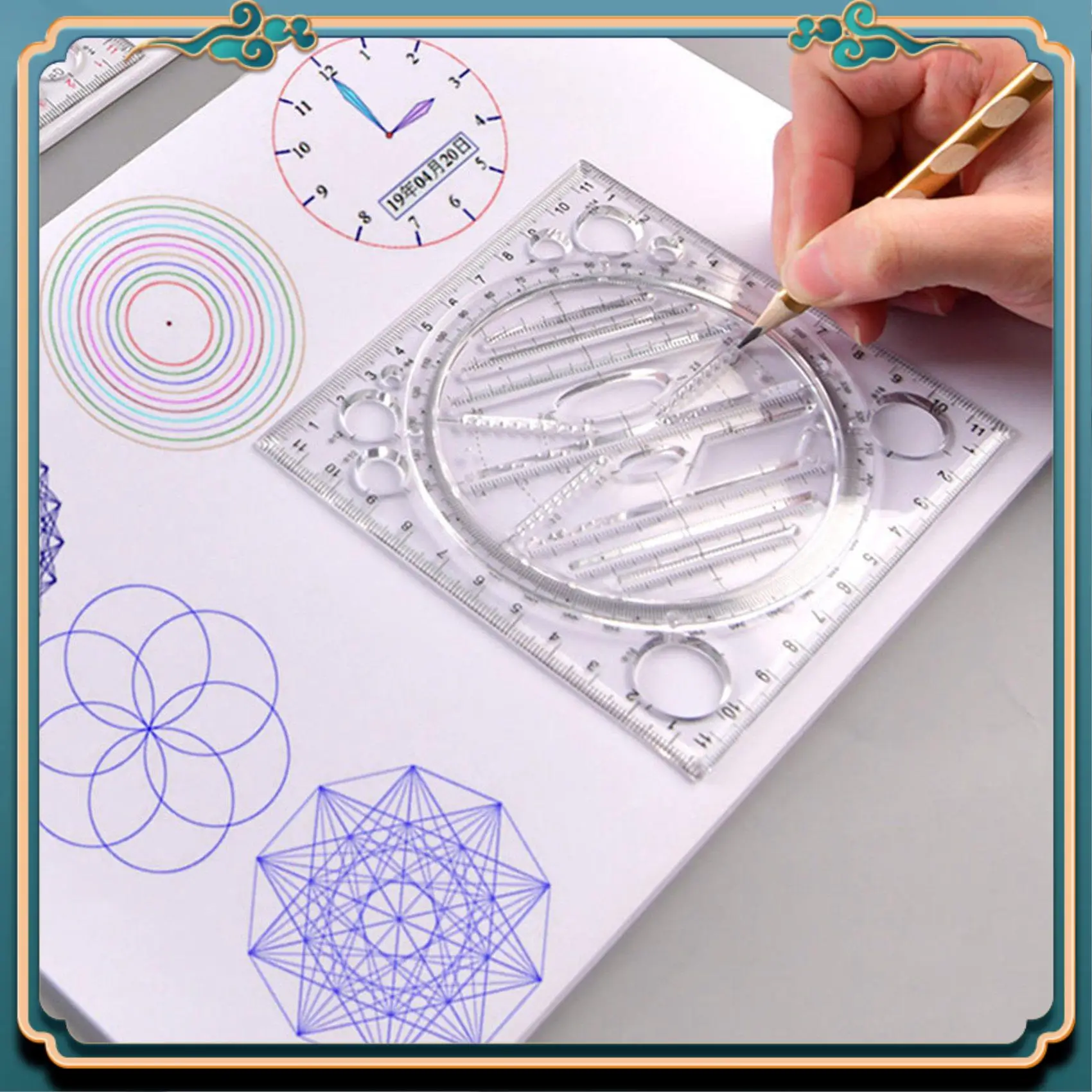 ABJG-Multifunctional Circle Drawing Template, Geometric Drawing Tool, Measuring Ruler, Rotatable Angle