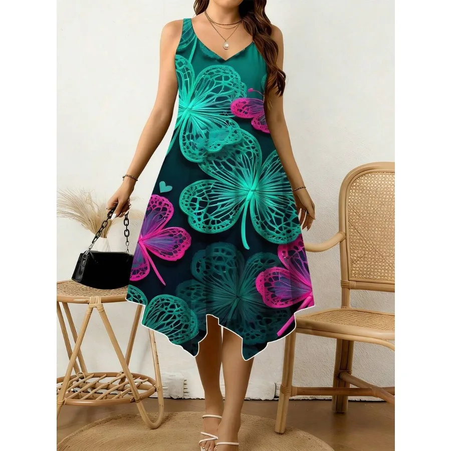 

【New style】Butterfly Print Women V Neck Sleeveless Dress Irregular Hem Comfortable Breathable Vacation Casual Wear 250g