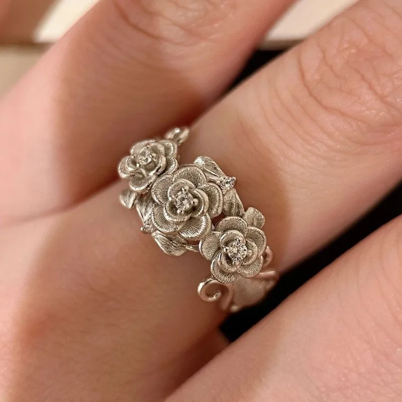 Retro Female Rings 925 Sterling Silver Brushed Stackable Rose Flower Shaped Finger Rings for Women Adjustable Jewelry Anillos