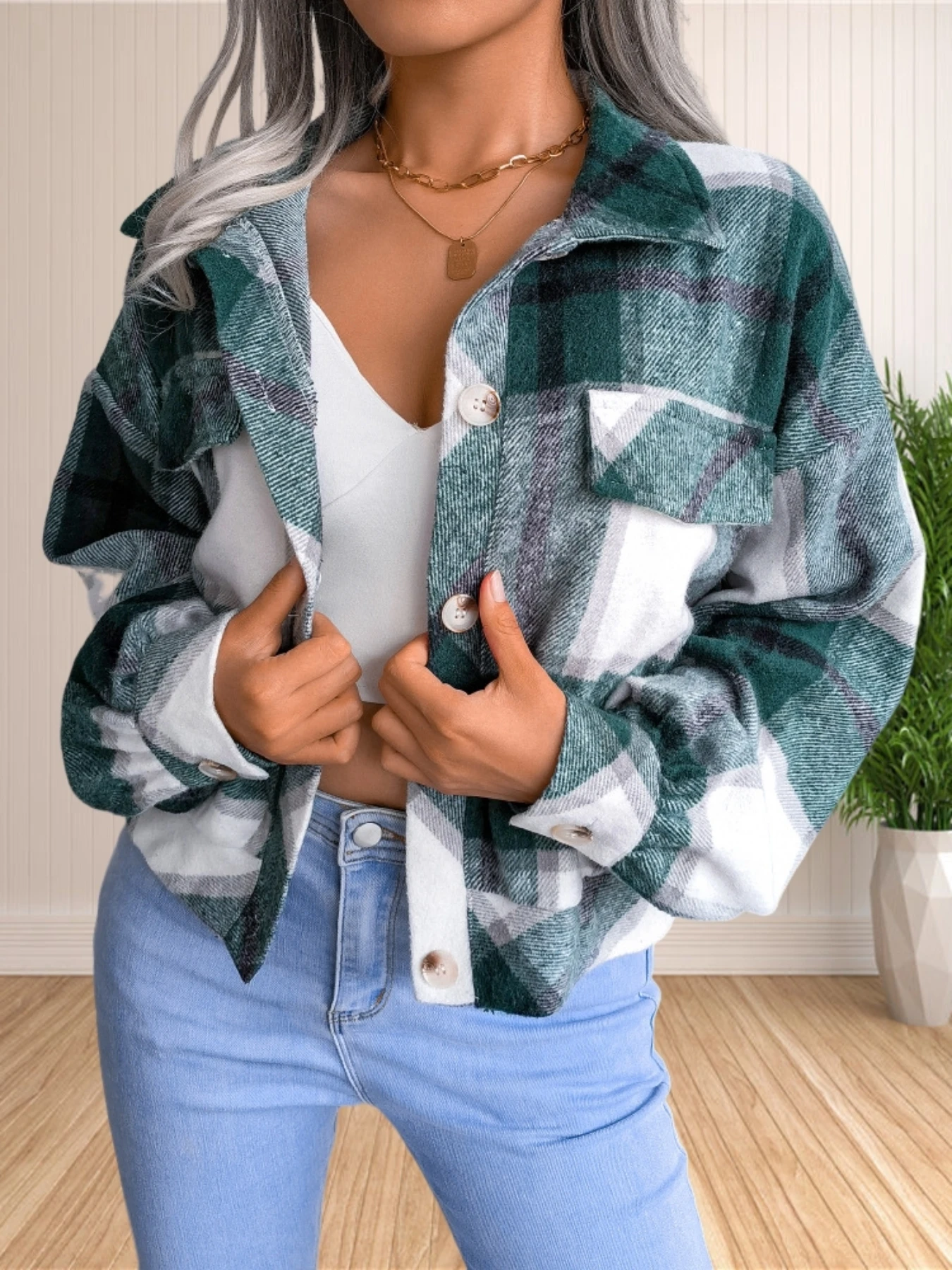 Womens Fashion Crop Button Down Flannel Plaid Shirt Shacket Jacket Top Coat