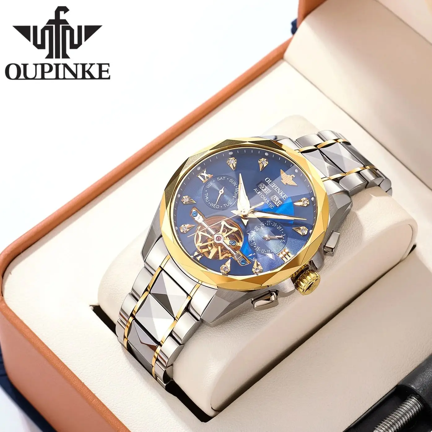 

OUPINKE 3316 Auto Date Men's Watch Tourbillon Hollow Skeleton Multifunctional Dial Automatic Mechanical Watch Man NEW