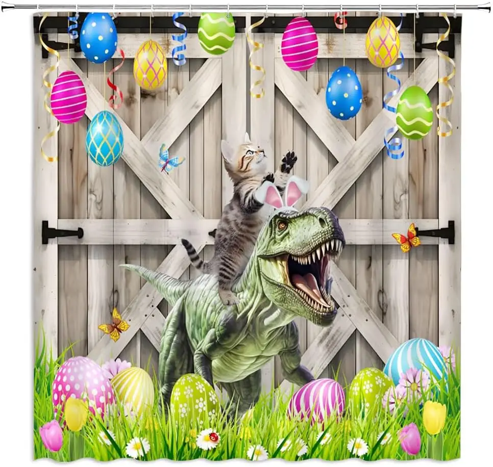 Easter Shower Curtain Funny Cat Ride Dinosaurs Colorful Eggs Spring Wild Animal Holiday Green Grassland Butterfly Vitange Barn