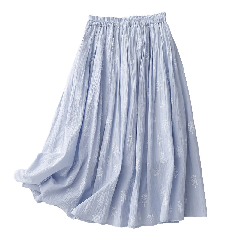 レトロフォレストシステム刺繍入り二重層麻スカート女性用夏薄手伸縮性ウエストドリフトAラインロングスカート