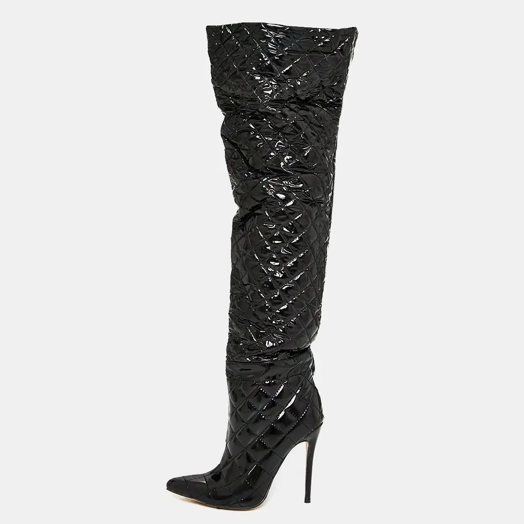 

Hot Crocodile Pattern Thigh High Boots Fashion Woman Knight Boots Autumn Winter Black Patent Leather Stiletto Heel Female Shoes