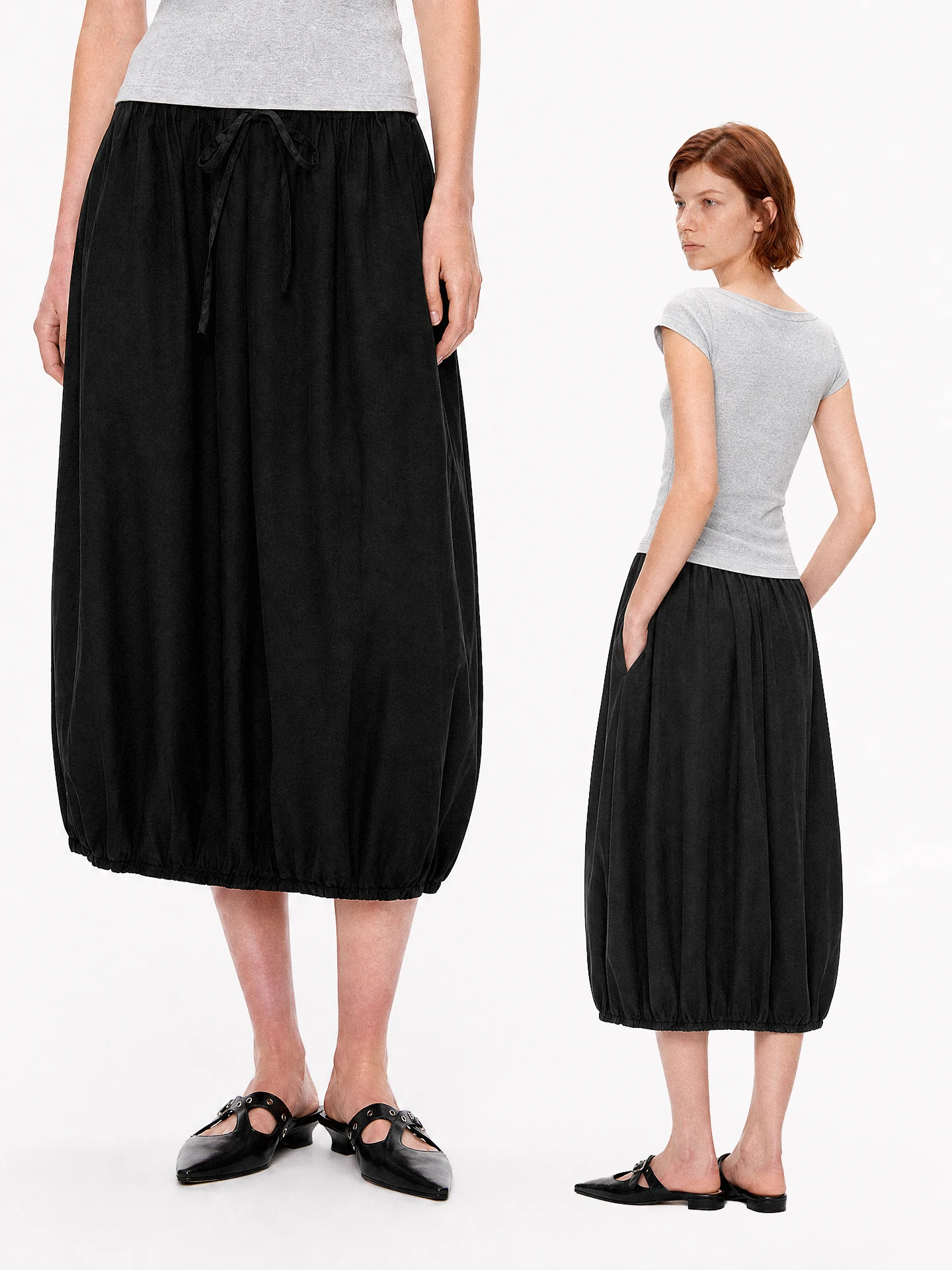 TDDP Elastic Waist Balloon Skirt Mid-Length Women's Fashion Summer Loose Slimming Cotton Citywalk Hand Ironed Pleats