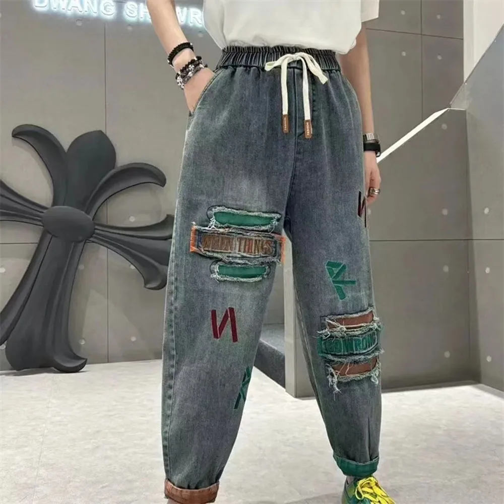 

Spring Autumn New Embroidery Retro Denim Jeans Women High Waist Loose All-Match Cowboy Trousers Ladies Denim Harlan Pants Femme