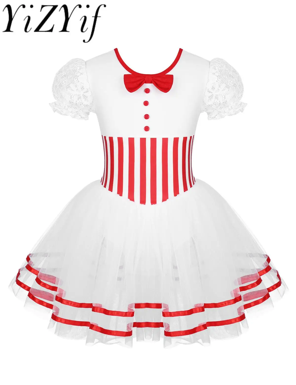 Kids Girls Christmas Dance Costume Short Lace Puff Sleeves Striped Waist Figure Ice Skating Baton Twirling Mesh Leotards Dress