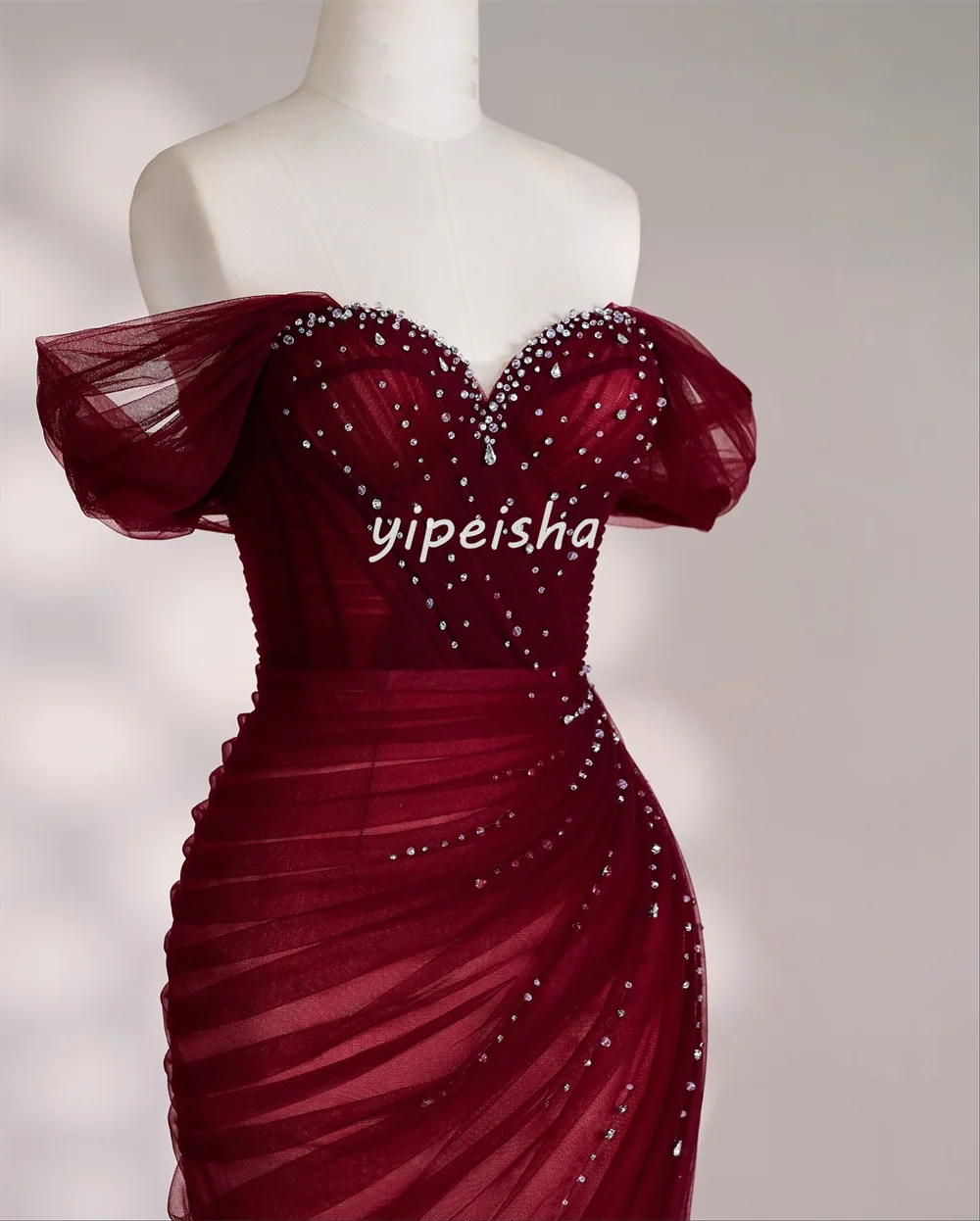 Customized Intricate Tulle Pleat Draped Rhinestone Straight Off-the-shoulder Long Dresses Bespoke Occasion Dresses High Quality