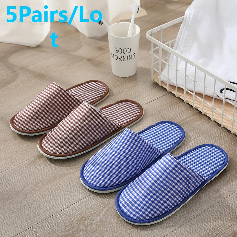 5Pairs/Lot Hotel Slippers Men Women Plaid Cotton Vamp EVA Sole Cheap Disposable Travel Hospitality SPA Shoes Guest Slides