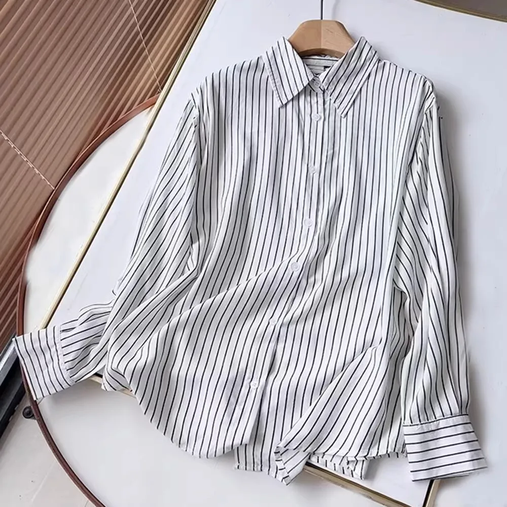 

Ladies Spring Autumn Loose Fit Long Sleeve Shirt Thin Breathable Casual Style Button up Collar Stripe Pattern Versatile Top