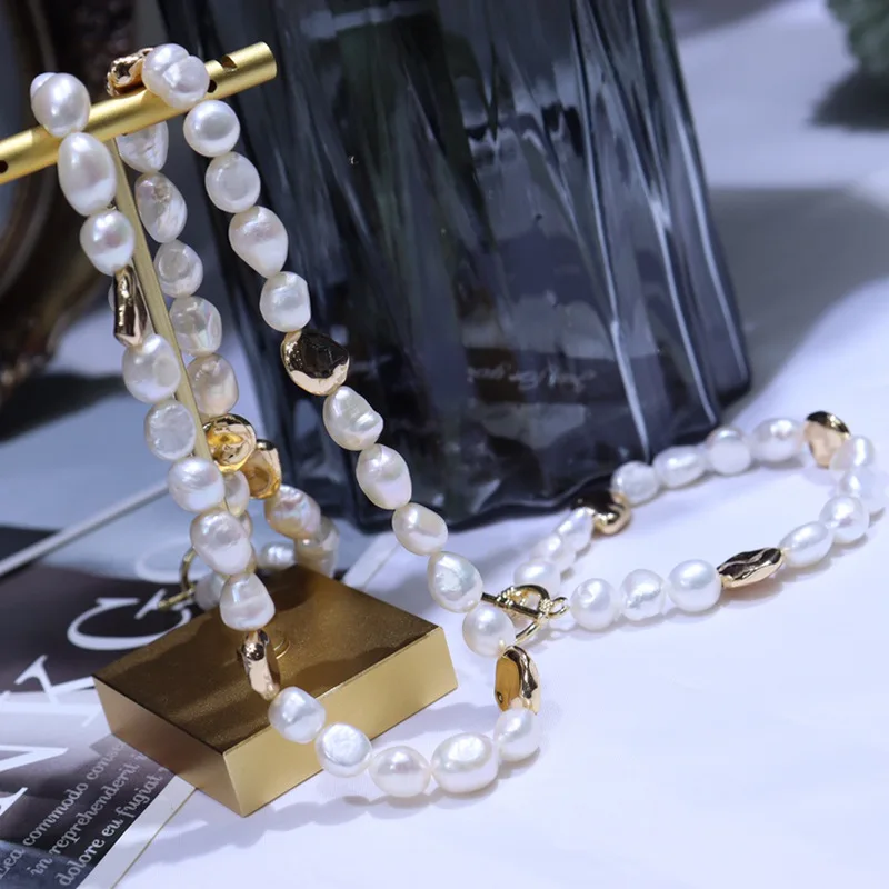 

031 New Freshwater Pearl Baroque Irregular Bead Jewelry Set with Gold-Plated Accessories Fashionable Versatile for Women