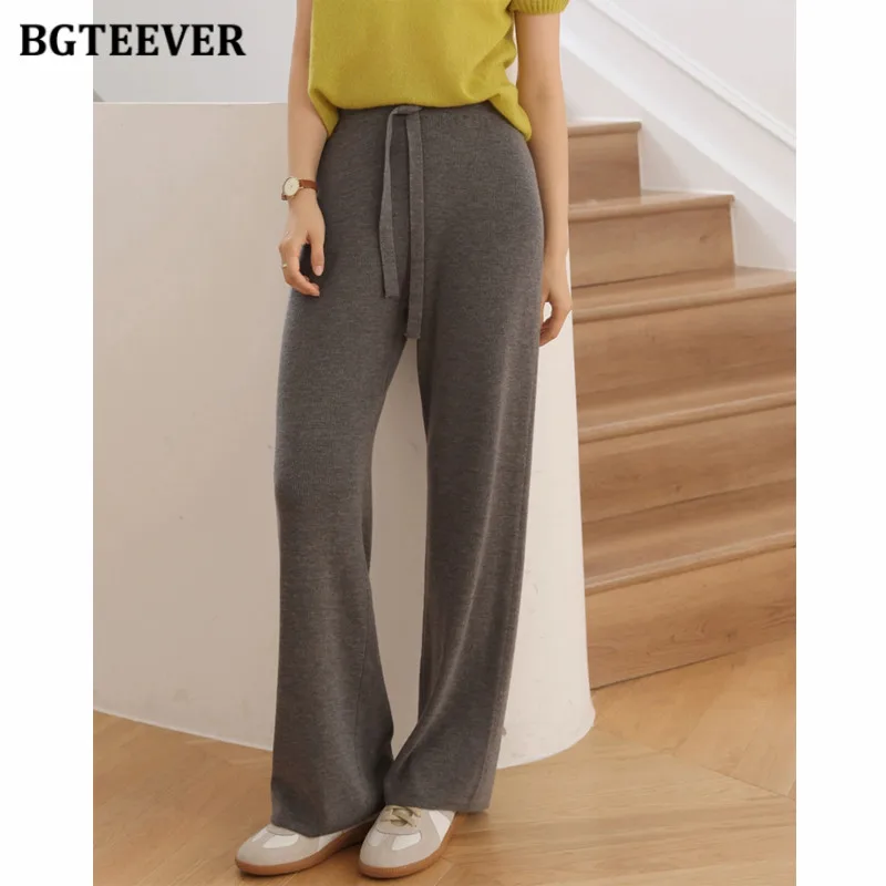 BGTEEVER Stylish Loose Knitted Wide Leg Pants for Women High Waist Lace-up Female Sweater Trousers Autumn Winter