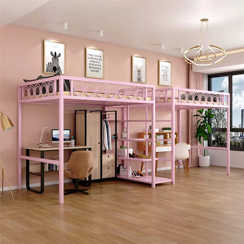 

Elevated bed duplex second floor bed small apartment loft bed simple modern iron art children loft elevated