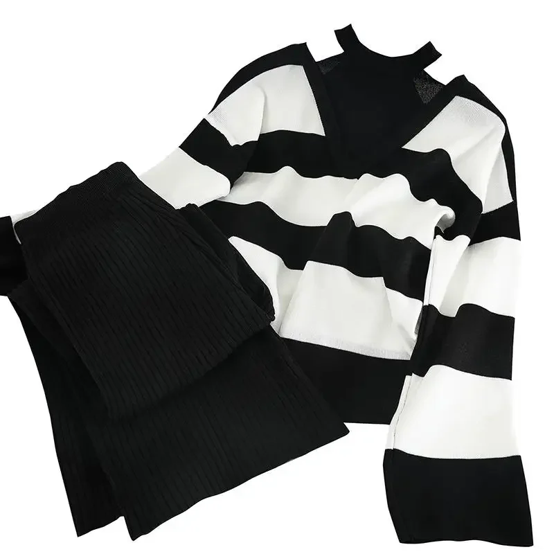 New Spring Knitted Tracksuit Women Long Sleeve Striped Halter Sexy Sweater + Wide Legs Pants Two Piece Set Trouser Suits