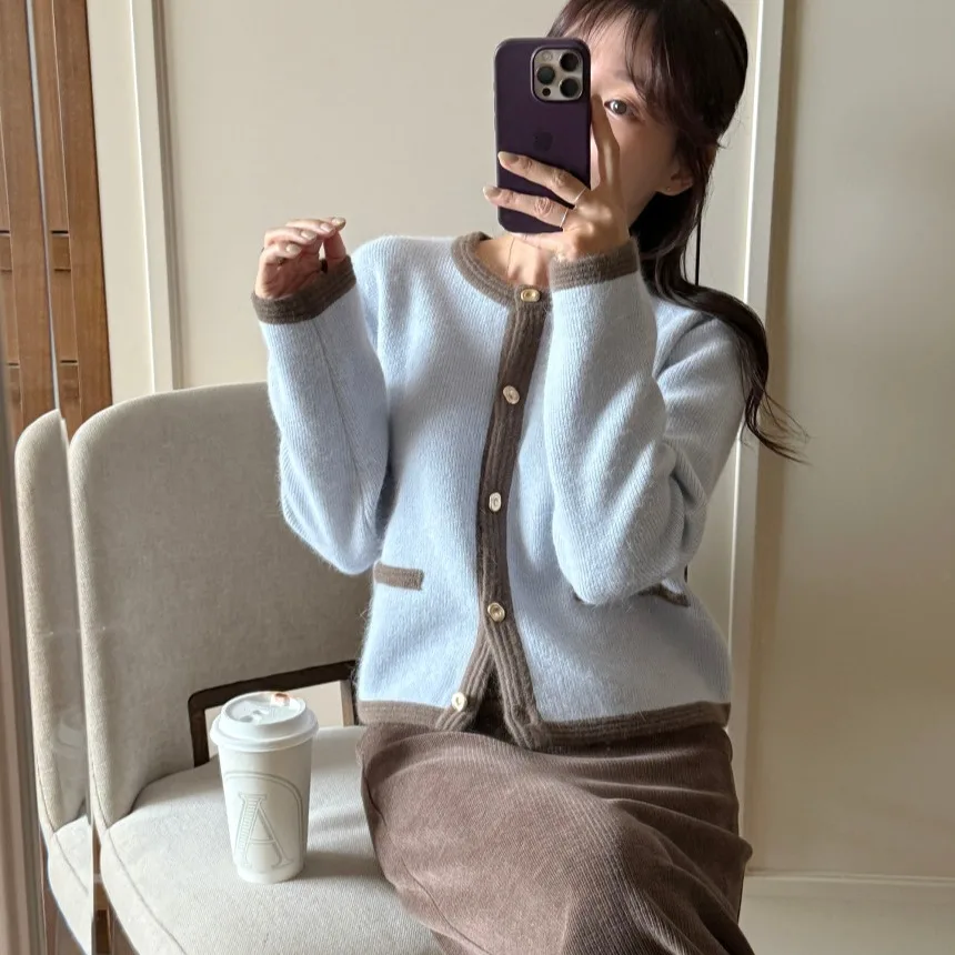 

Женский шикарный осенне-зимний вязаный джет, простой утягивающий цветной блузка, милый свитер на пуговицах, длинный кардиган све