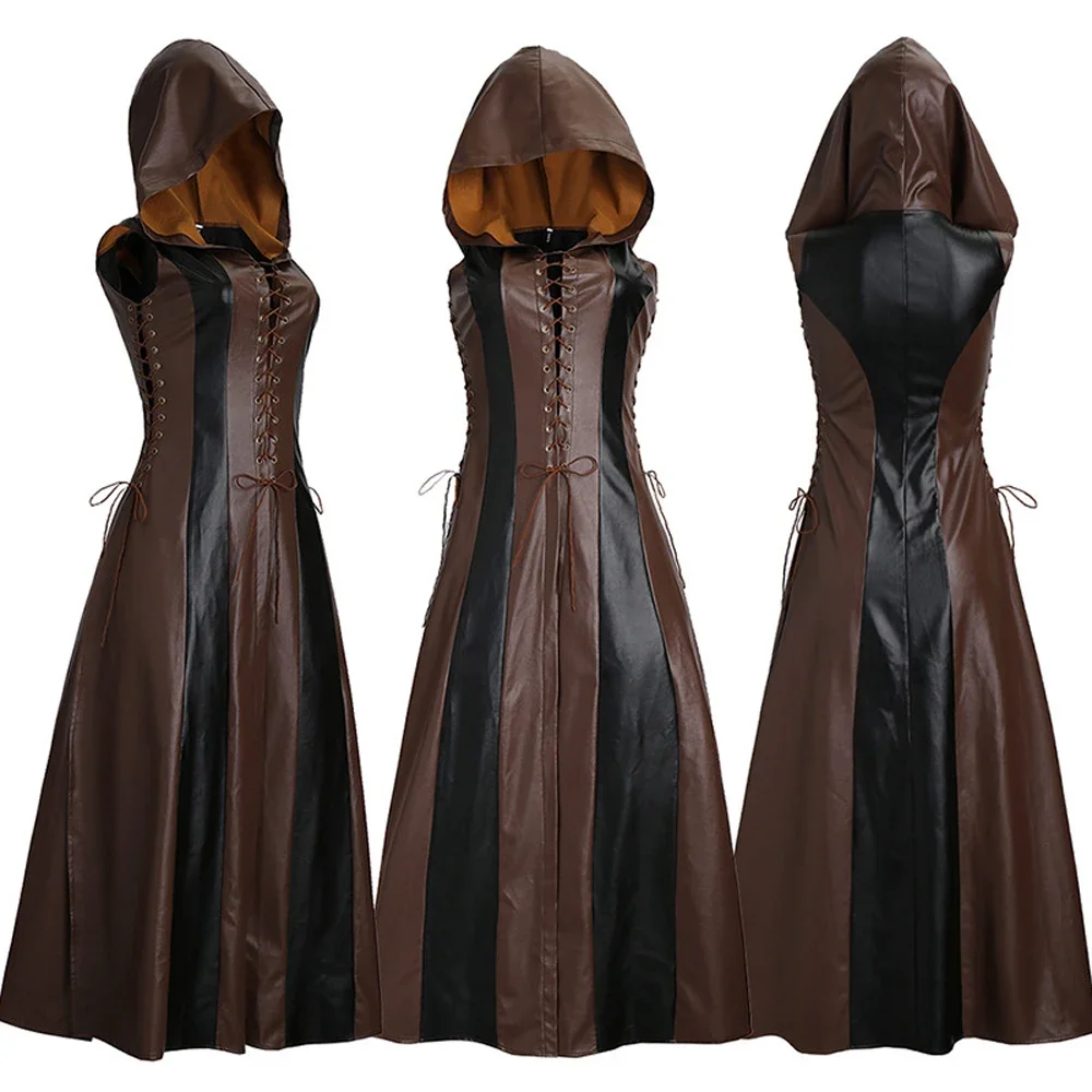 Cosplay mittelalter liche Attentäter Credo Kostüm Mode sexy schlanke Schnürung Leder langes Kleid Erwachsenen Mäntel Halloween Frauen Disfraz Mujer