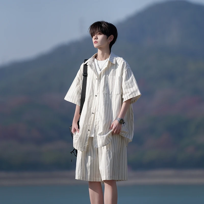 

Summer Casual Stripe Short Sleeve Shirt Set Loose Fit Male Teenage Two-Piece Cotton Shorts Outfit Cityboy Style Lightweight