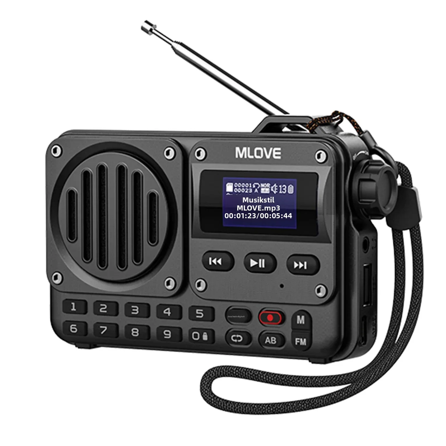 MLOVE BV800 Super-tragbarer Bluetooth-Lautsprecher mit FM-Radio, LCD-Bildschirm, Antenne, AUX-Eingang, USB-Stick, TF-Karte, MP3-Player