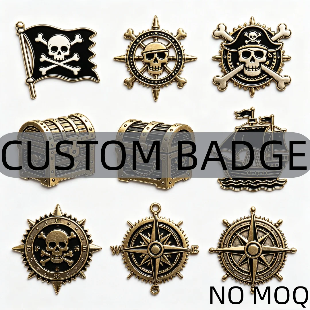 

Custom No MOQ Pirate Series Lapel Pins Antique Gold Metal Brooches Skull Ship Wheel Badges for Jackets Jeans Cosplay Decoration