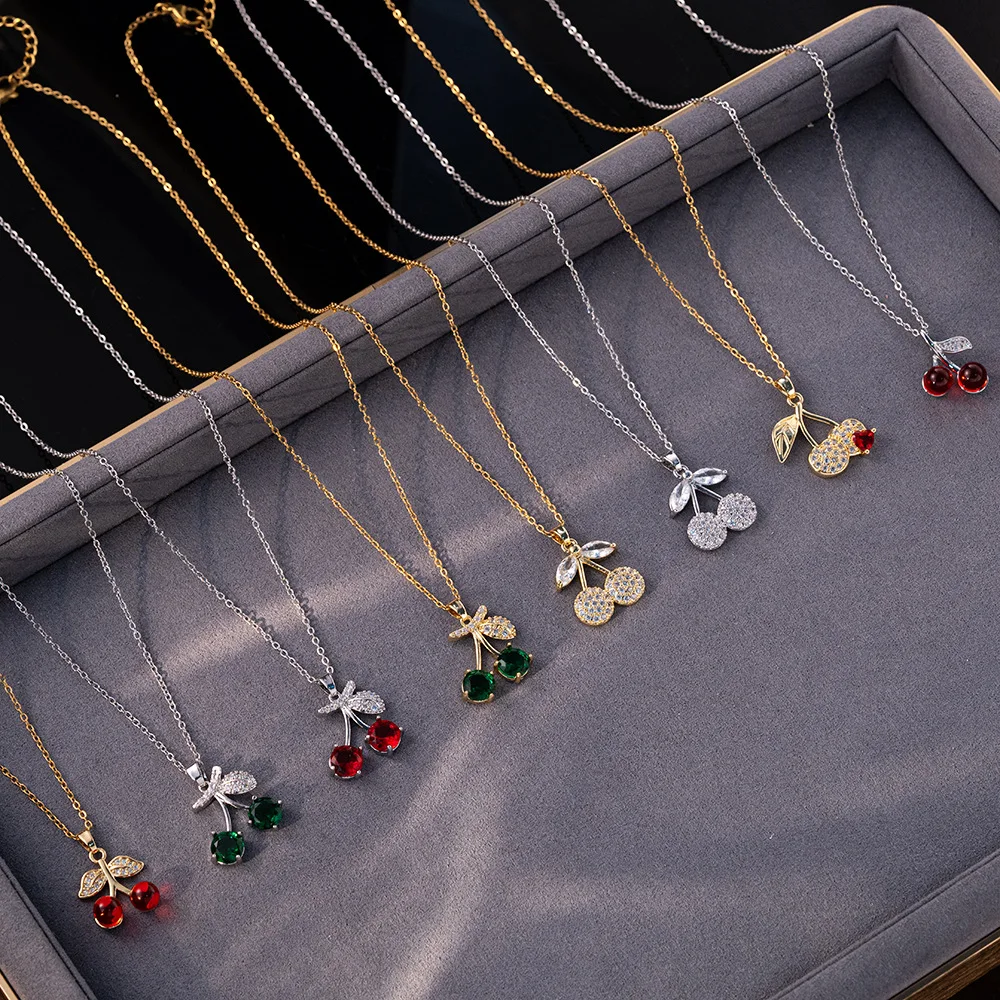 Shiny Cute Zircon Cherry Pendant Necklaces for Women Girls Stainless Steel Chain Kpop Sweet Collar Jewelry Accessories Gifts