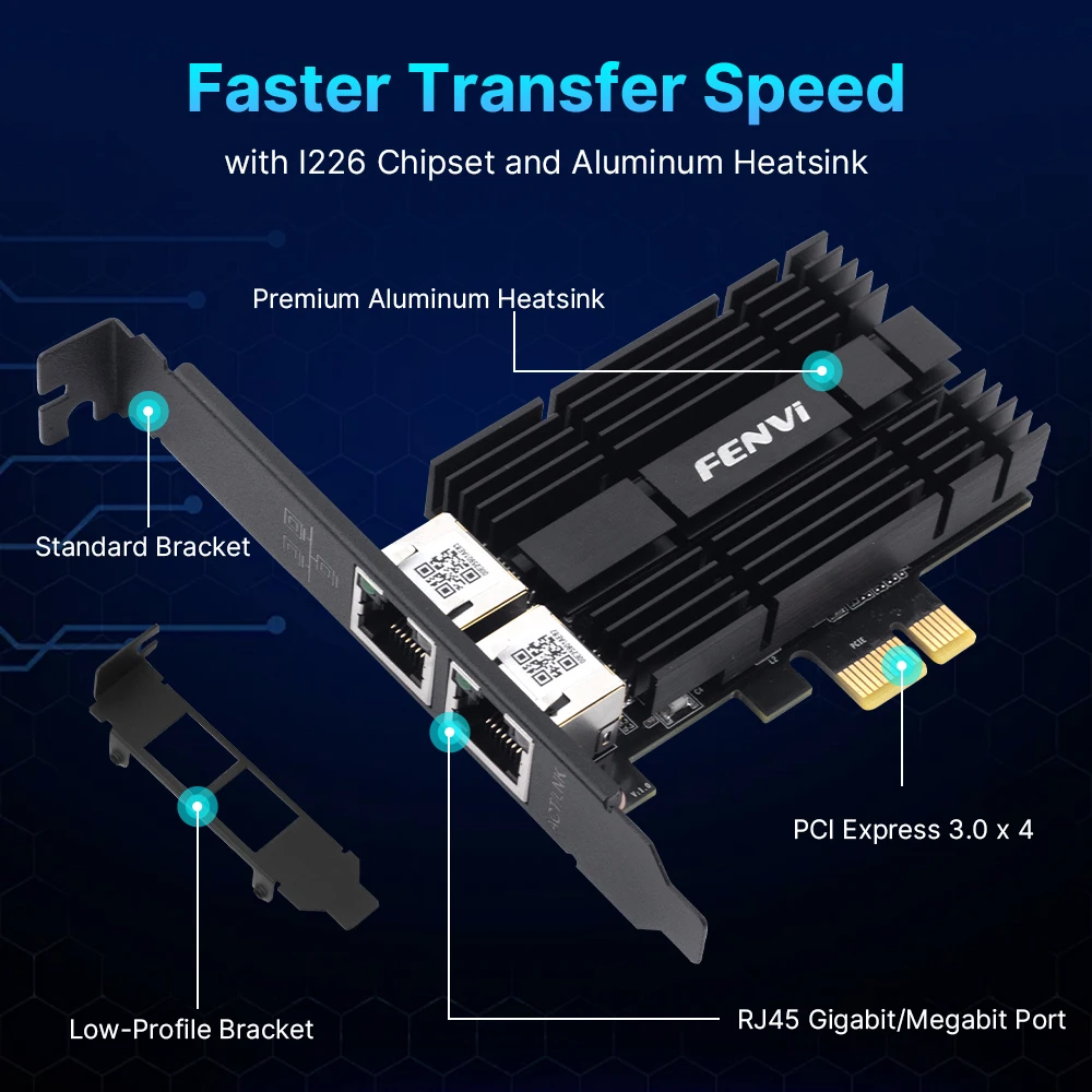FENVI 2.5Gbps PCI-E To RJ45 Network Card Dual Ports For Intel I226 1000/2500M PCI Express Wlan Adapter For Desktop Windows 10/11