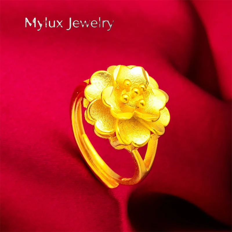 

Mylux Jewelry 24K Gold 3D Flower Ring | AU999 Pure Gold, layered petal design, diamond-encrusted stamen, elegant and romantic fo