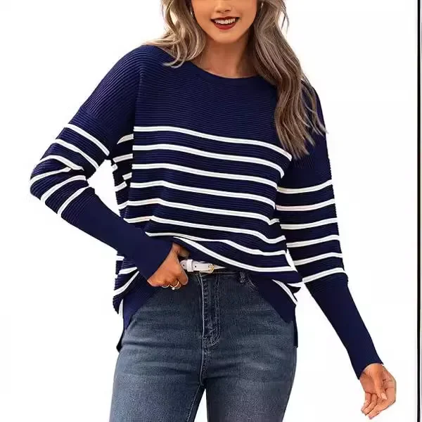 2024  Striped Round-neck Sweater for Women, Knitted Sweater for Cross-border Leisure Striped Round-neck Sweater Top Spot Blouse