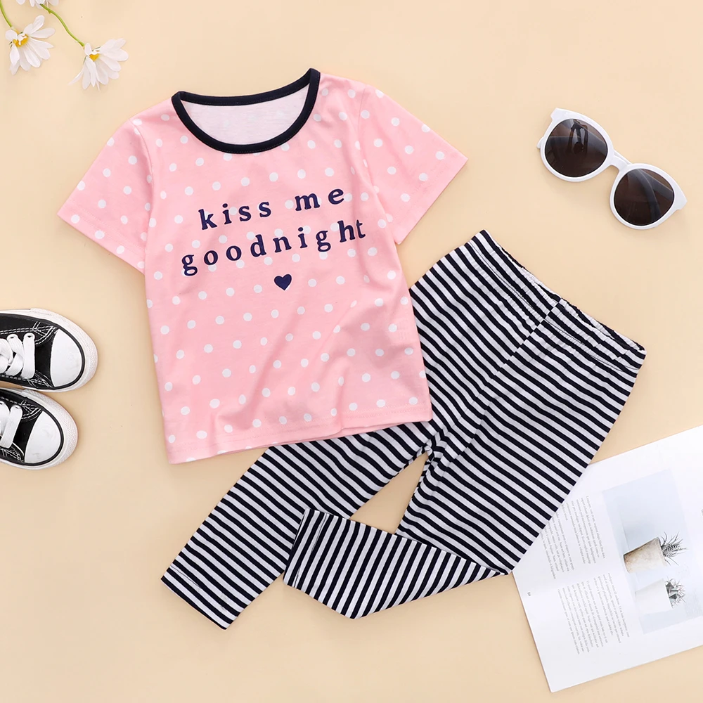 

Baby Girl Polka Dot T-shirt and Striped Leggings Home Wear Set Little Kids Pink Graphic Pajama Suit